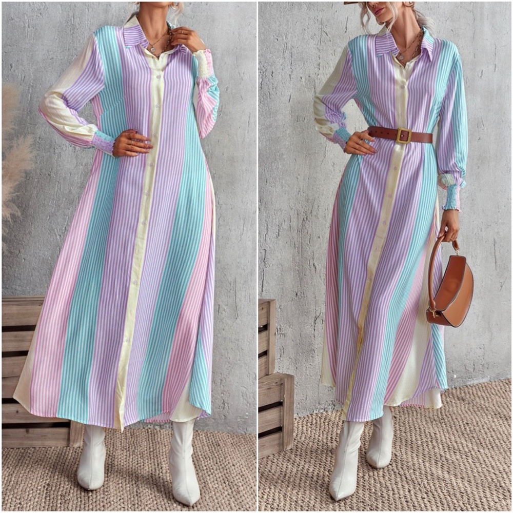 Bohemian Purple Multicolor Stripes Button up Dress - Picture 2 of 3